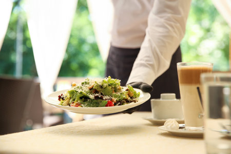 Waiter serving salad in restaurant, closeup. Catering during  quarantineの写真素材