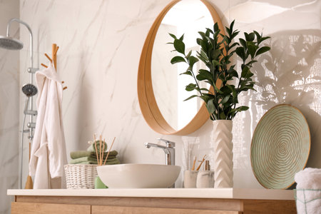 Vase with beautiful branches and toiletries near vessel sink in bathroom. interior designの写真素材