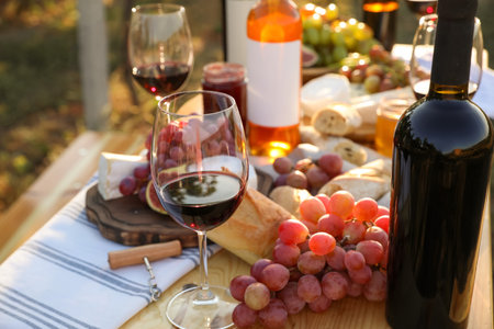 Red wine and snacks served for picnic on wooden table outdoorsの写真素材