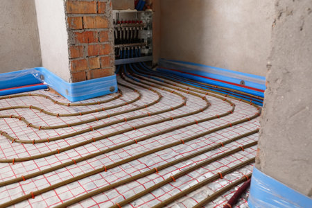 Installation of underfloor heating system in buildingの写真素材