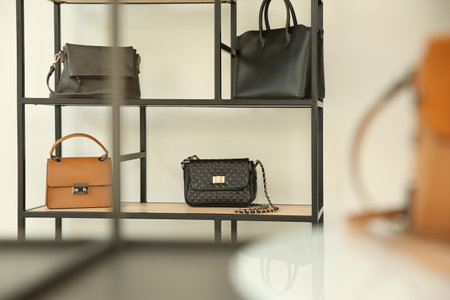 Stylish woman's bags on shelves in boutiqueの写真素材