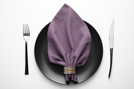 Stylish elegant table setting on white background, top viewの写真素材