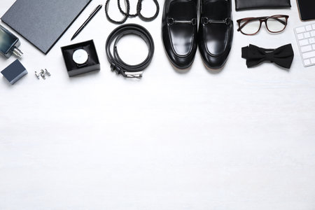 Gentleman accessories on white background, flat lay. Space for textの写真素材