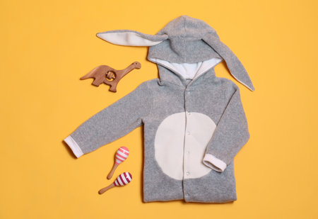 Child's clothes and toys on yellow background, flat layの写真素材