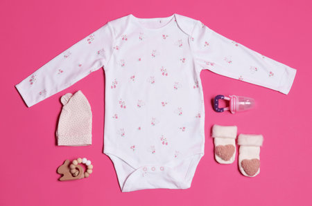 Flat lay composition with baby clothes and accessories on pink backgroundの写真素材