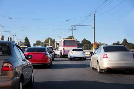 Cars in traffic jam on city streetの写真素材