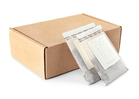 Drip coffee paper bags and box isolated on whiteの写真素材