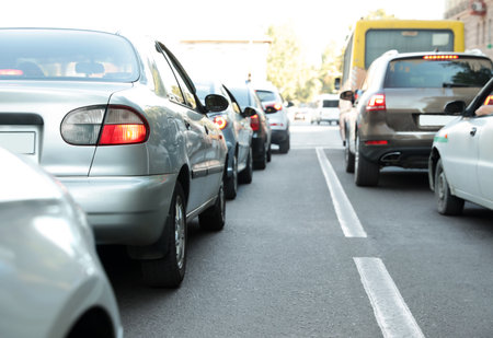 Cars in traffic jam on city streetの写真素材