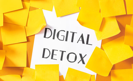 Paper with words DIGITAL DETOX and sticking papers on orange background, flat layの写真素材