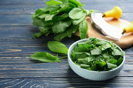 Fresh cut sorrel leaves on blue wooden table, closeupの写真素材