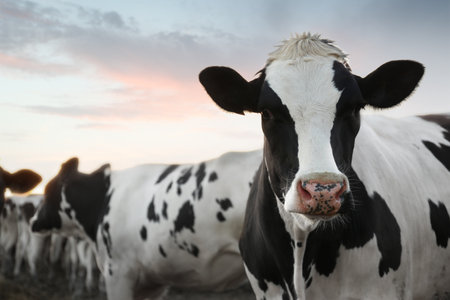 Pretty cows on farm, closeup. Animal husbandryの写真素材