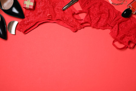 Stylish set with sexy women lingerie on red background, flat lay. Space for textの写真素材
