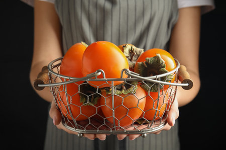 Woman holding delicious fresh persimmons on black background, closeupの写真素材