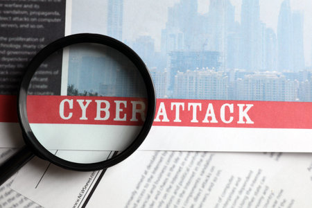 Newspaper with headline CYBER ATTACK and magnifying glass, top viewの写真素材