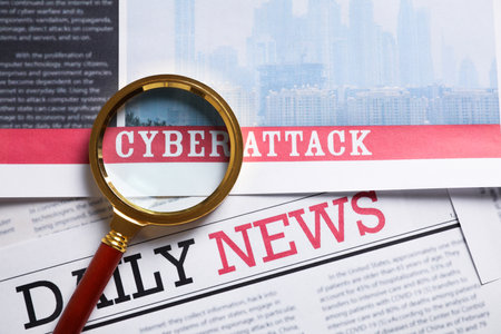 Newspaper with headline CYBER ATTACK and magnifying glass, top viewの写真素材