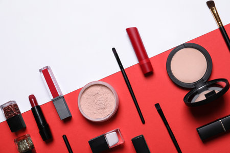 Flat lay composition with different makeup products on color backgroundの写真素材