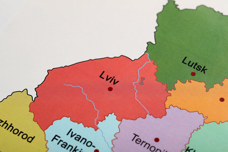 Lviv region on map of Ukraine, closeupの写真素材