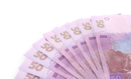 50 Ukrainian Hryvnia banknotes on white background
