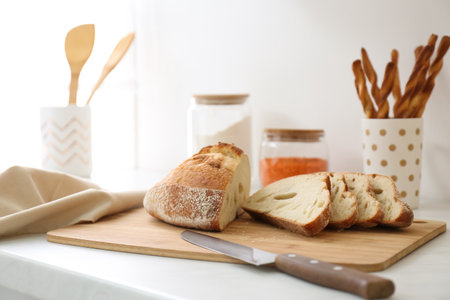 Loaf of bread on counter in kitchenの写真素材