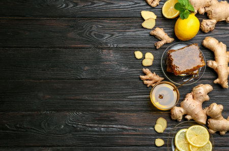 Ginger and other natural cold remedies on black wooden table, flat lay. Space for textの写真素材