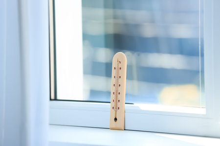 Wooden weather thermometer on window sill indoorsの写真素材