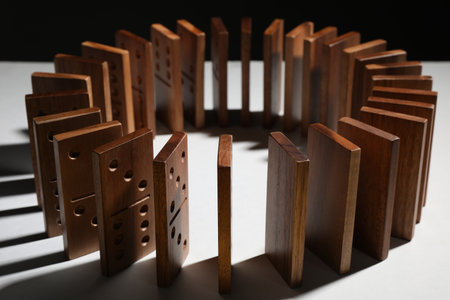 Circle made of wooden domino tiles on light backgroundの写真素材
