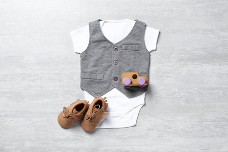 Cute baby look on white wooden background, flat layの写真素材