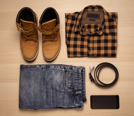 Flat lay composition with stylish clothes and accessories on wooden backgroundの写真素材