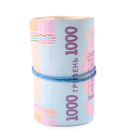 Roll of Ukrainian money on white background