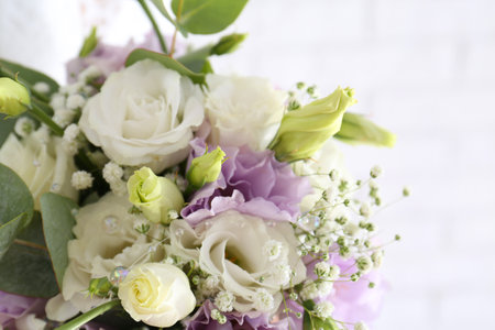 Beautiful wedding bouquet with Eustoma flowers on light background, closeupの写真素材
