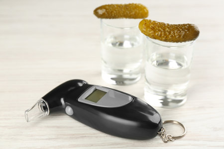 Modern breathalyser and vodka with pickles on white wooden tableの写真素材