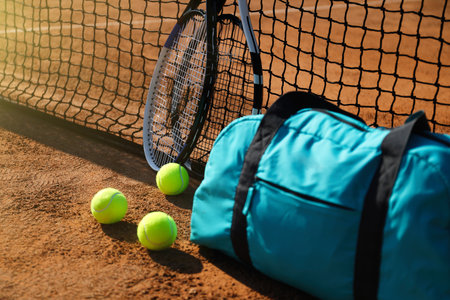 Tennis balls, rackets and bag near net on clay courtの写真素材