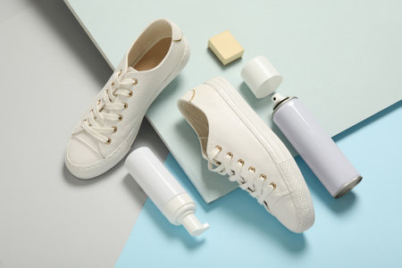 Composition with stylish footwear and shoe care accessories on color background, above viewの写真素材