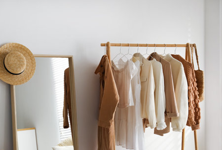 Rack with stylish women's clothes in dressing room. modern interior designの写真素材