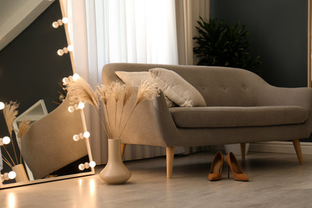 Vase with dry plants on floor in living room. interior designの写真素材