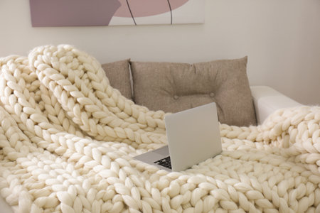 Soft knitted blanket and modern laptop on couch in living room. interior elementの写真素材