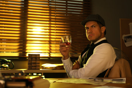 Old fashioned detective with drink at table in officeの写真素材