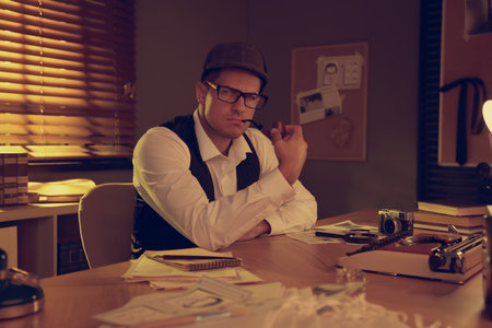 Old fashioned detective with smoking pipe at table in officeの写真素材