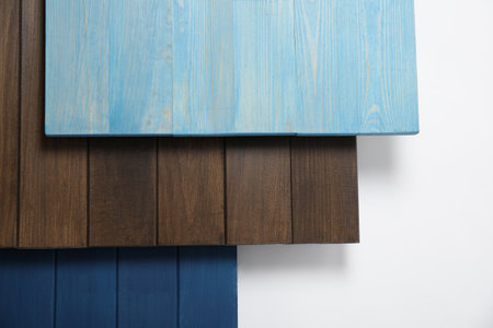 Different wooden surfaces for photography on white background, top viewの写真素材