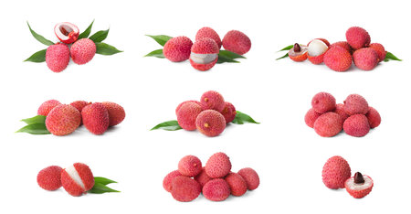 Set of delicious fresh lychees on white background. banner designの写真素材