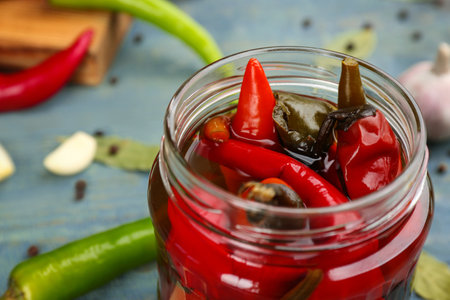 Glass jar of pickled chili peppers on light blue table, closeupの写真素材