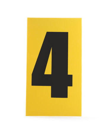 Yellow crime scene marker with number four on white backgroundの写真素材