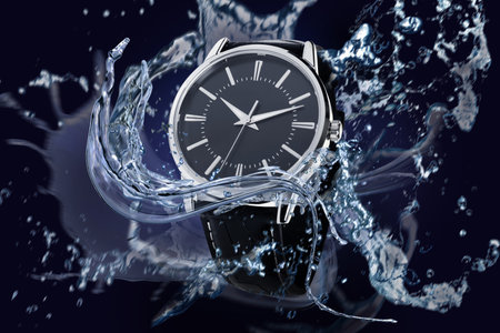 Luxury men's watch in water splashes demonstrating its waterproofの写真素材