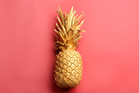 Painted golden pineapple on red background, top view. creative conceptの写真素材