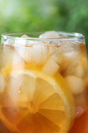 Delicious iced tea in glass outdoors, closeupの写真素材
