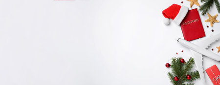 Flat lay composition with Christmas decorations, toy airplane and passport on white background, space for text. winter holidaysの写真素材