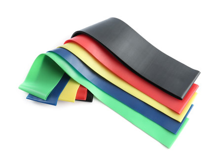 Set of fitness elastic bands on white backgroundの写真素材