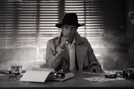Old fashioned detective at table in office. black and white effectの写真素材