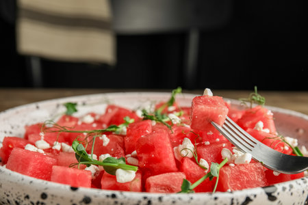 Delicious salad with watermelon served on plate, closeupの写真素材