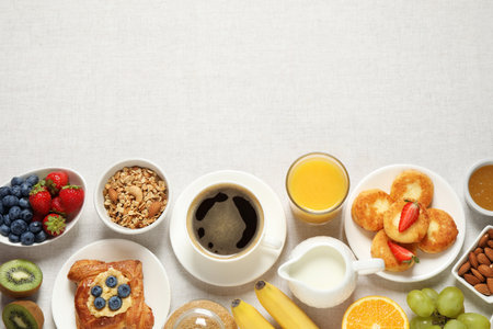 buffet service. Flat lay composition with many different dishes on table, space for textの写真素材